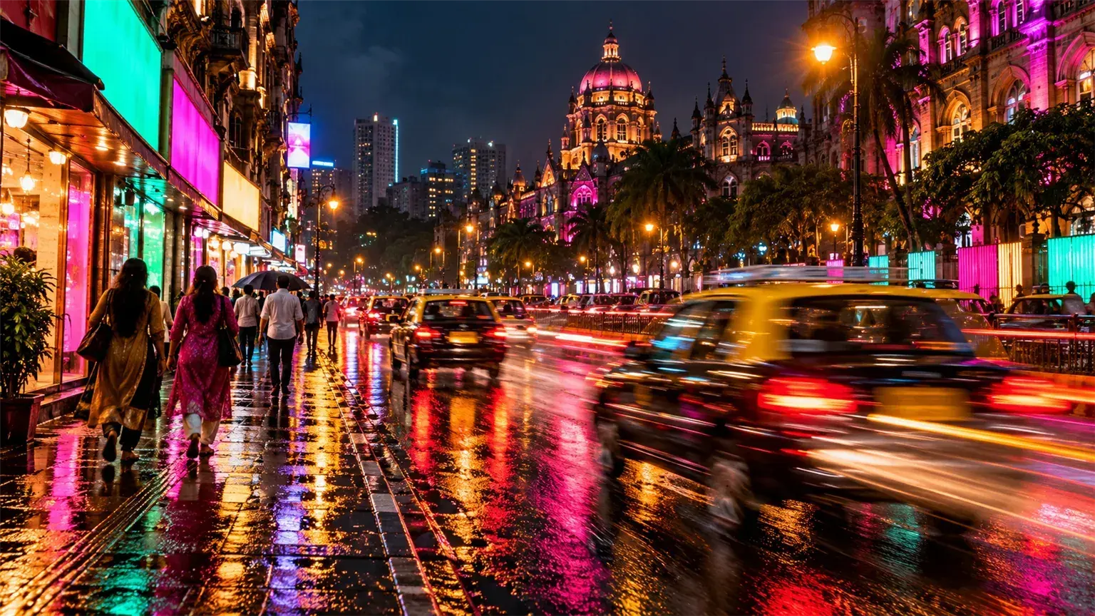 A rain-soaked neon street at night