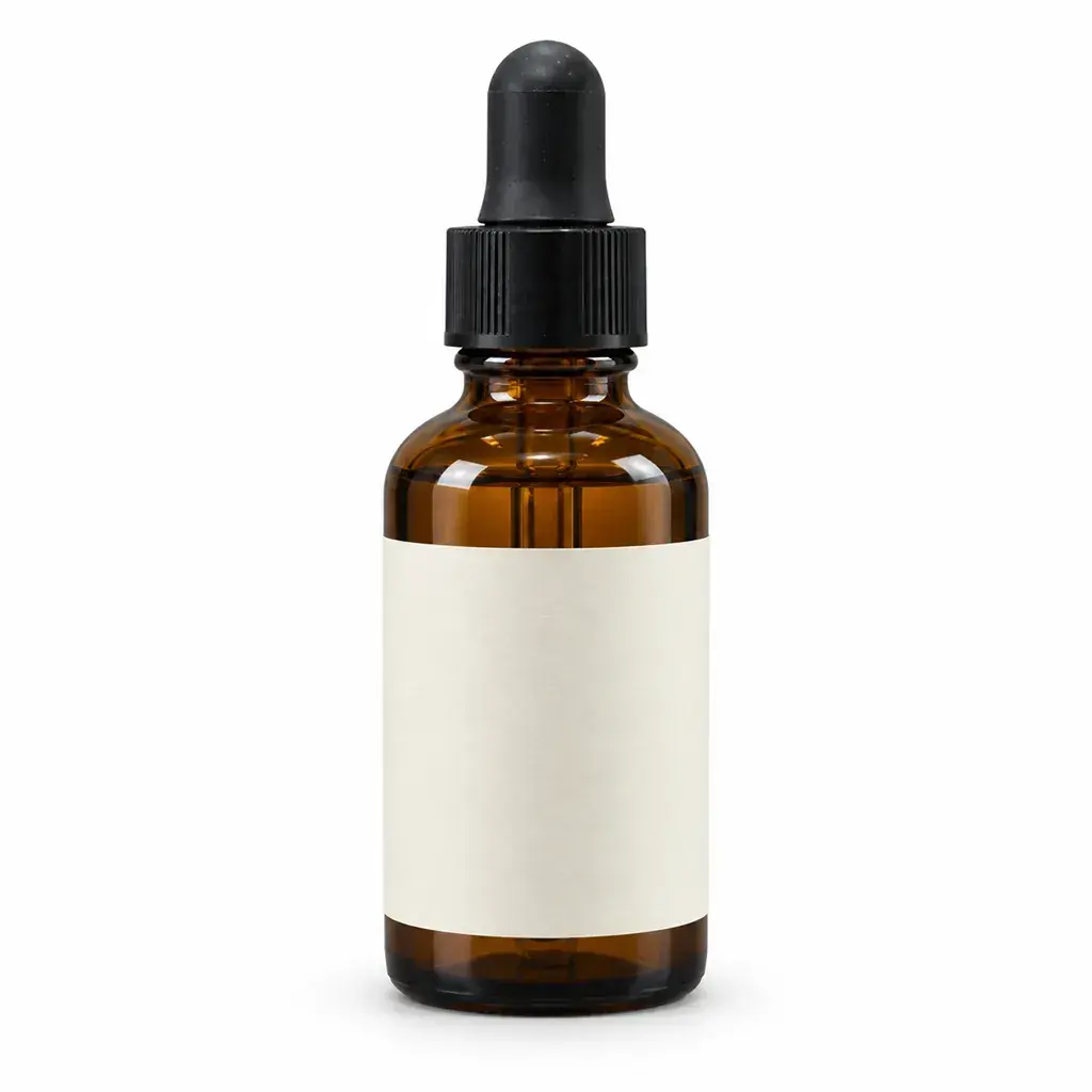 An amber serum bottle on a pure white background