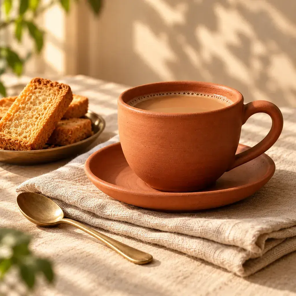 A terracotta chai cup styled on linen with rusks and a brass spoon