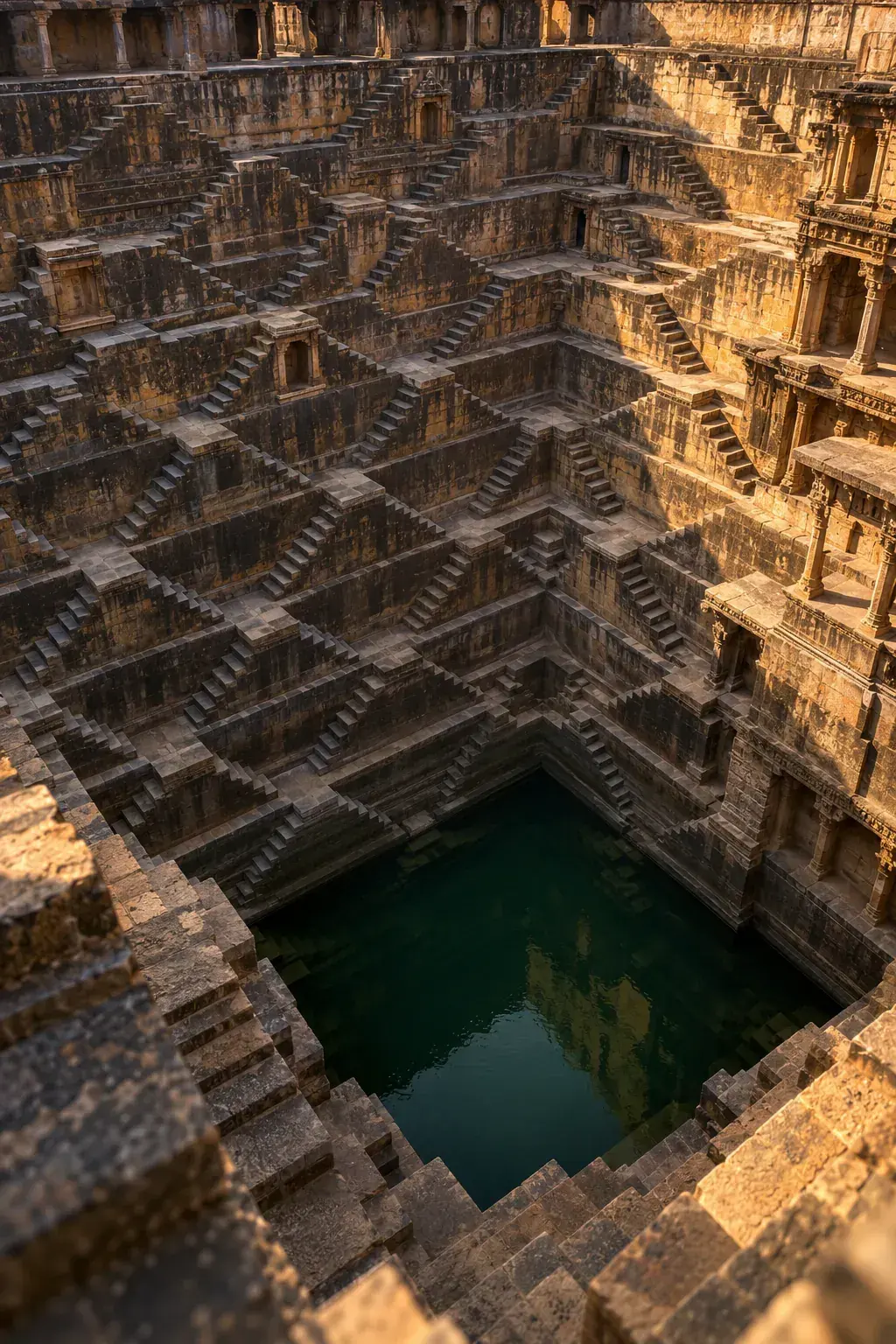 A short looking down into an ancient stepwell, with a caption