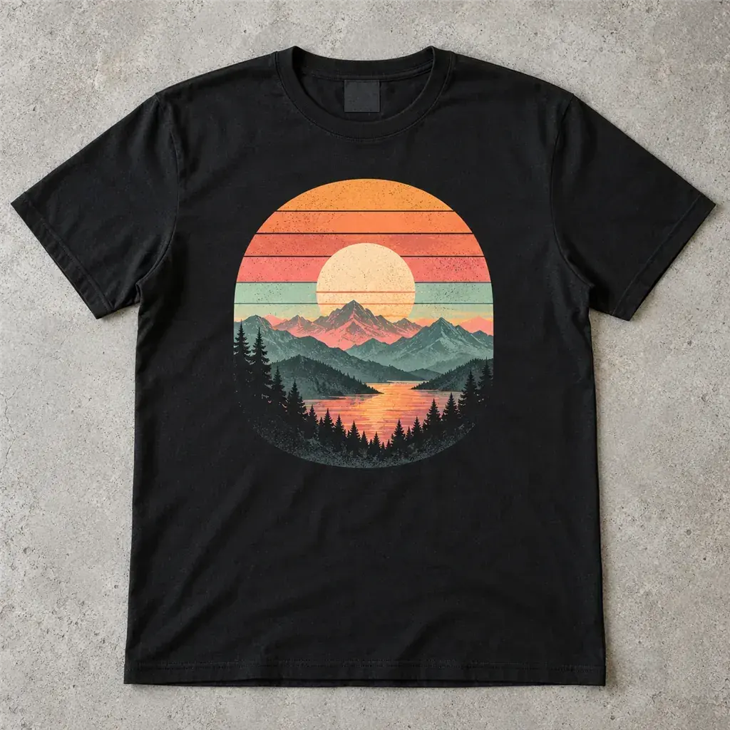 A black tee printed with a retro sunset over mountains