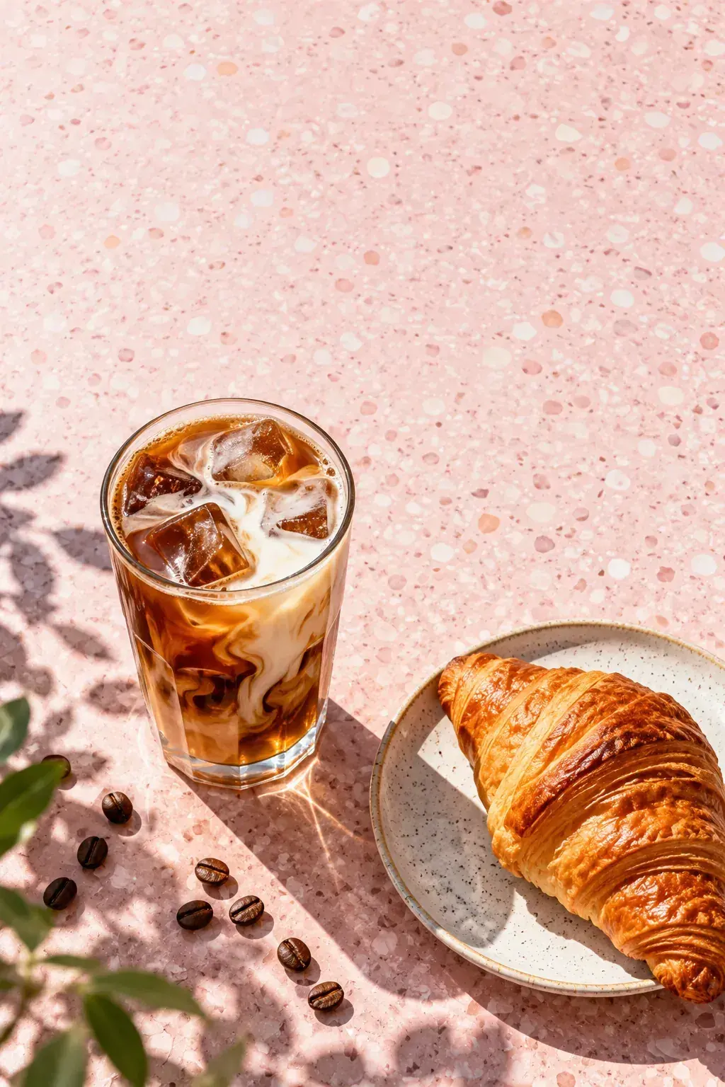 An Instagram post: iced coffee and a croissant on pink terrazzo