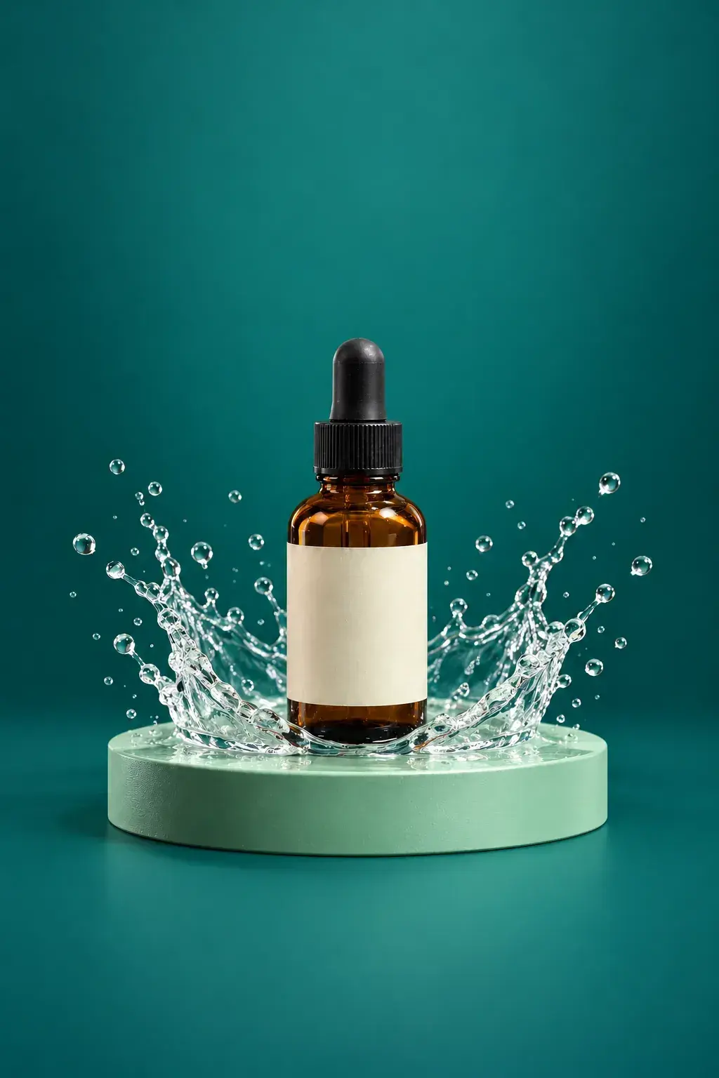 A vertical video ad: a serum bottle on a mint pedestal with a water splash