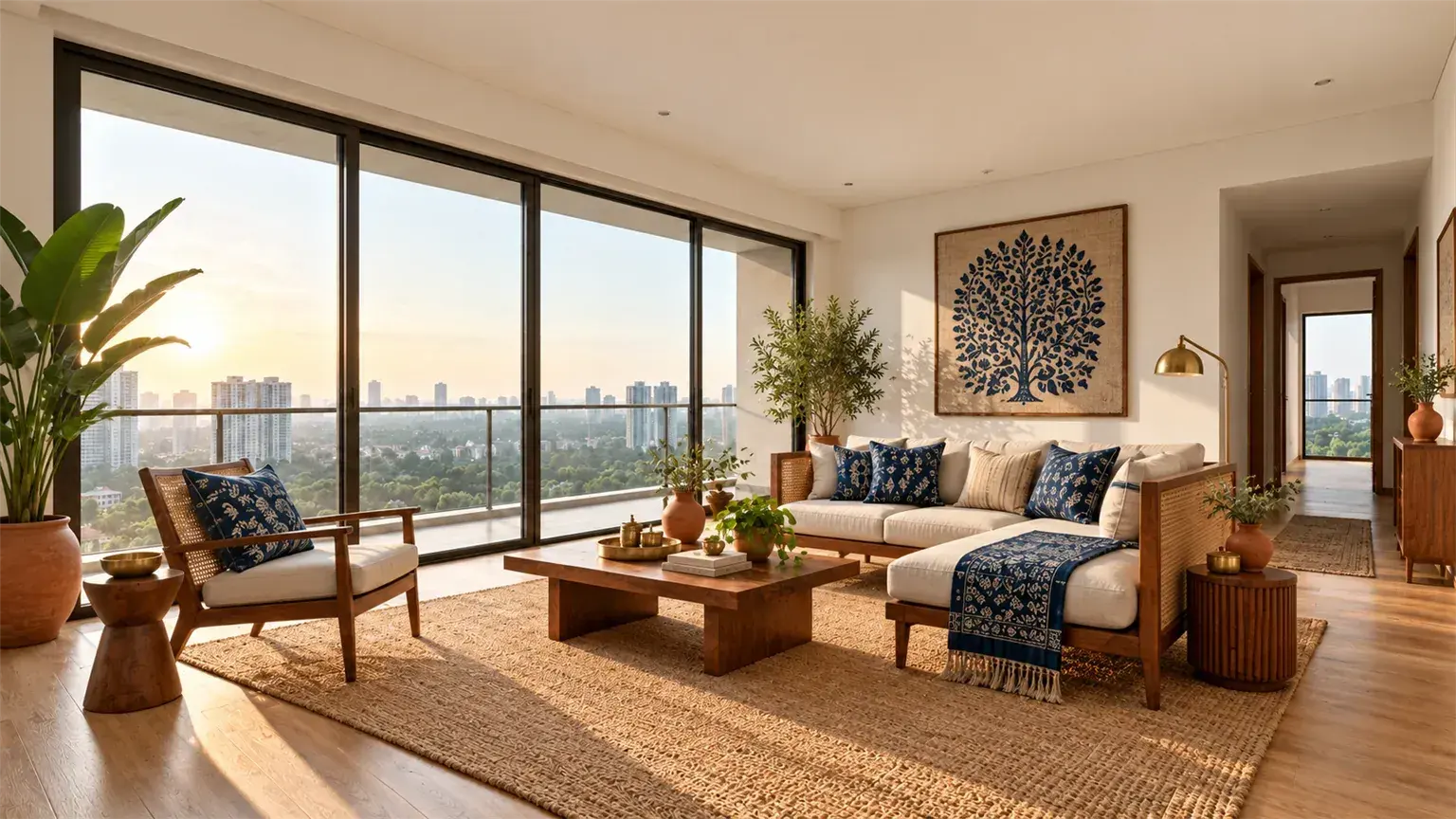 A living room furnished in a warm Indian modern style