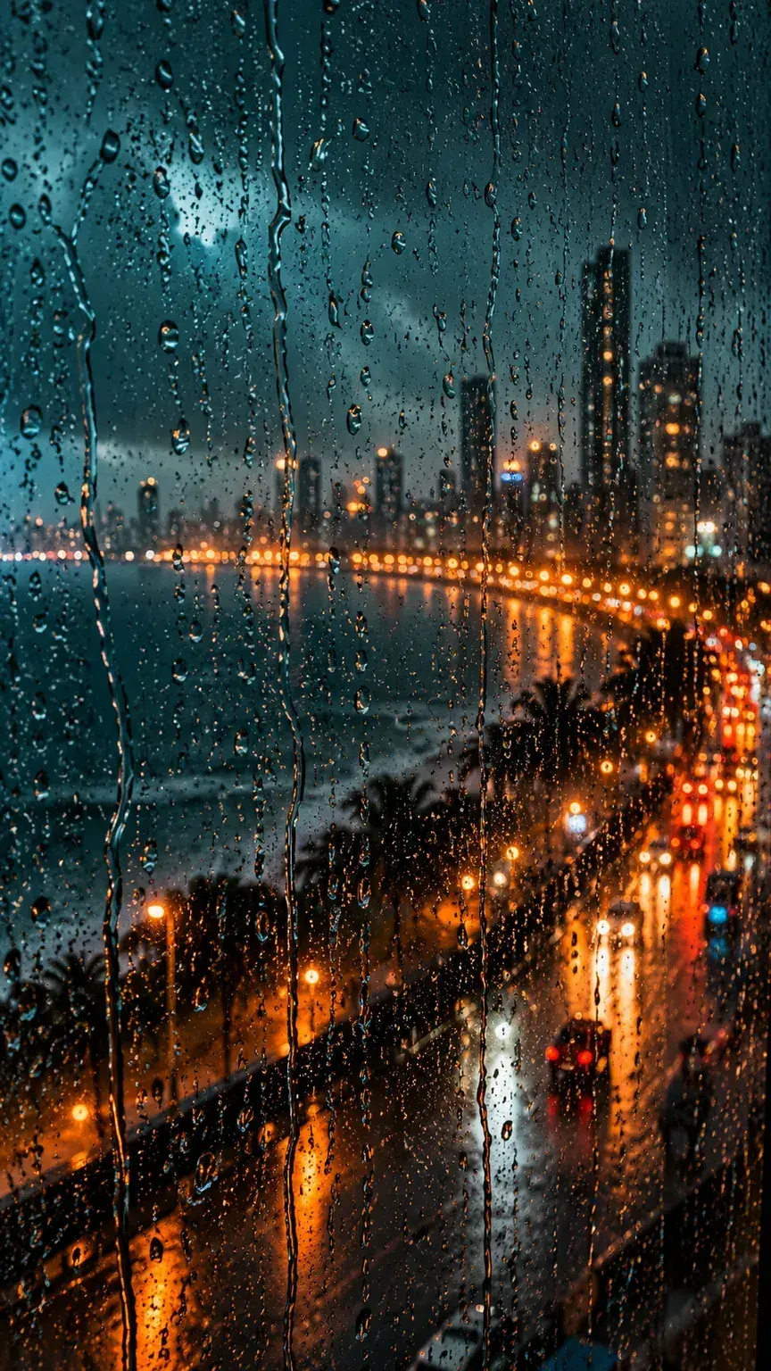 A rainy window over a city at night, brought to life as a short clip