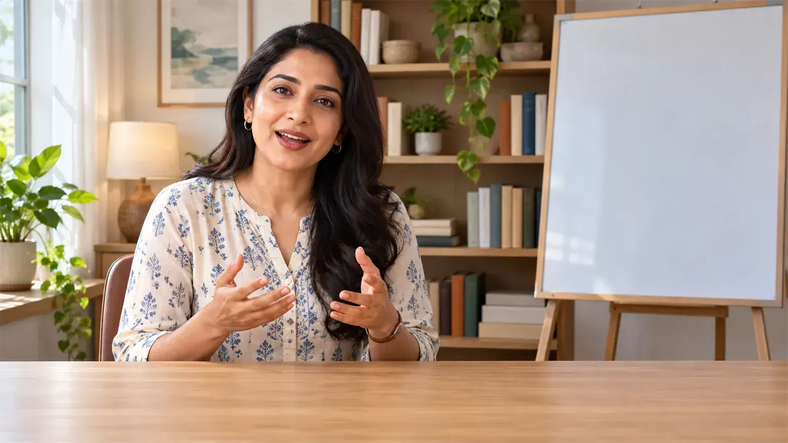 A teacher speaking to camera, with Hindi subtitles