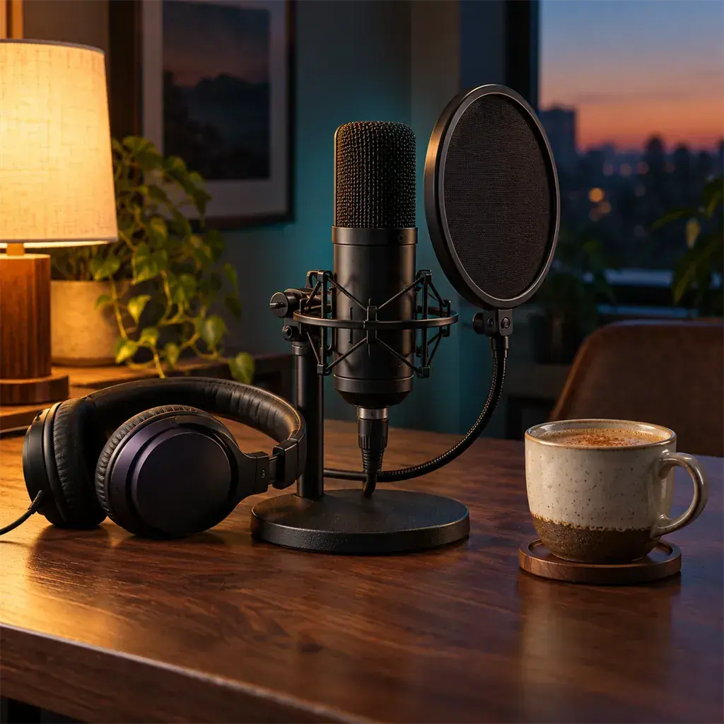 A studio microphone and headphones on a desk at dusk